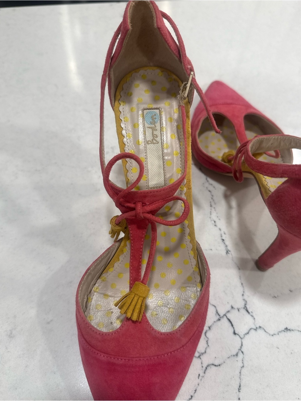 Boden “Alice” Pink Suede Ankle Strap Heels Yellow Tassels 7.5- 8 (38) - Picture 10 of 14